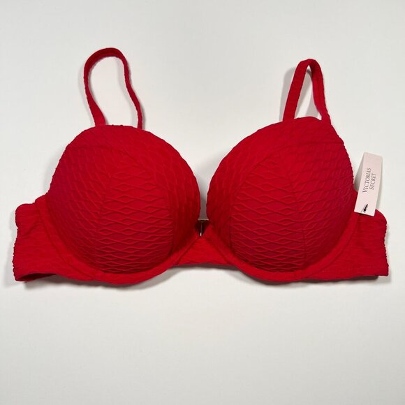 Victoria Secret 38DD SEXY TEE Push Up Bikini Top Underwire Textured Lipstick Red - Picture 2 of 6